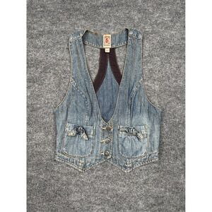 Vintage Decree Vest Womens Sz Small Blue Denim Jean Racerback Cropped 2000s Y2K